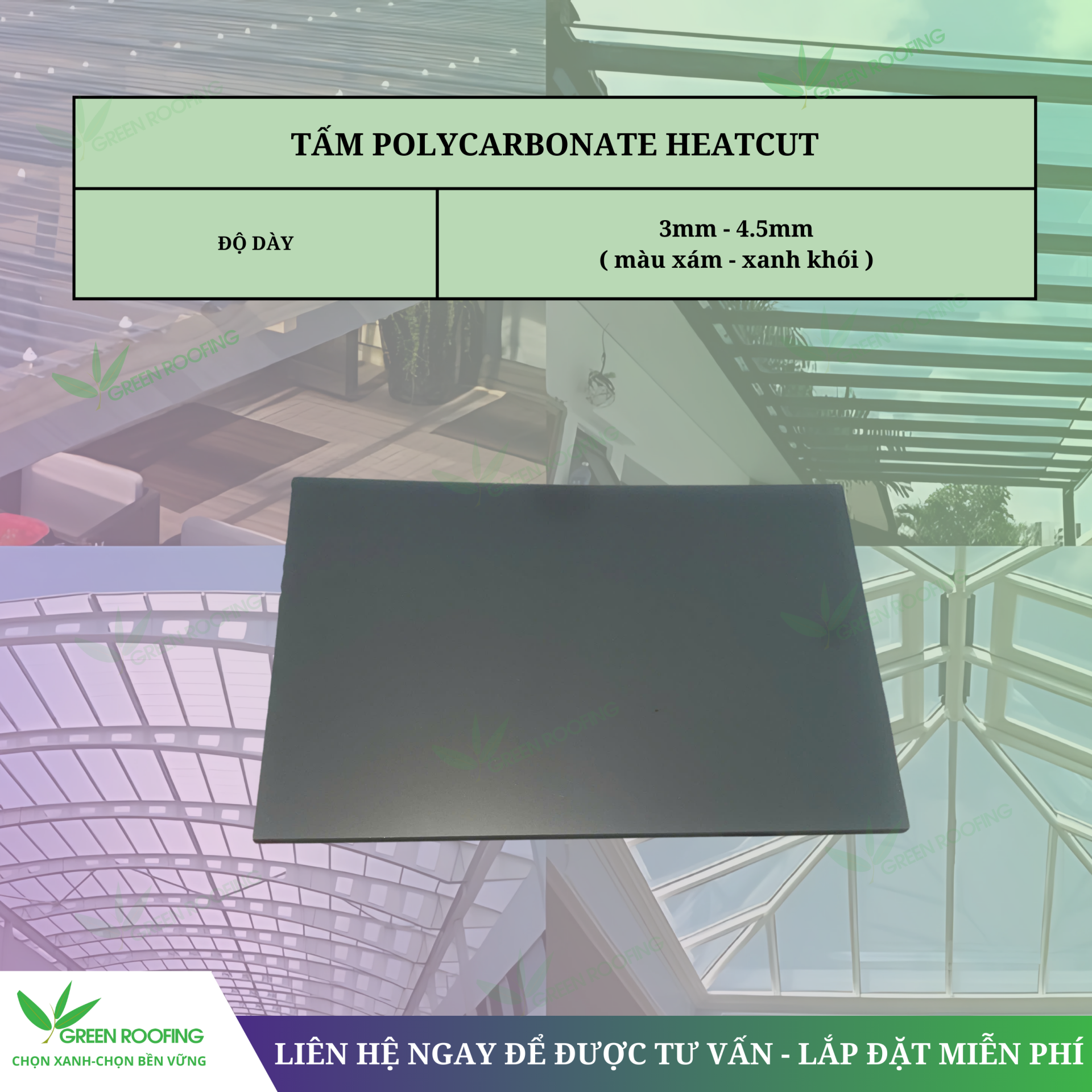 mái che polycarbonate, tấm poly đặc, tấm heatcut, tấm polycarbonate