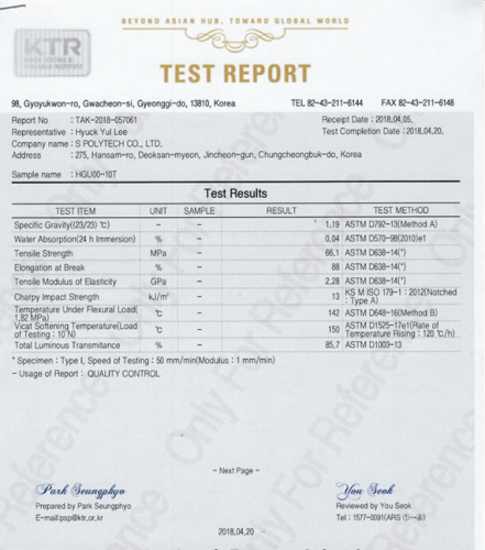 CHỨNG NHẬN TẤM POLYCARBONATE  KTR